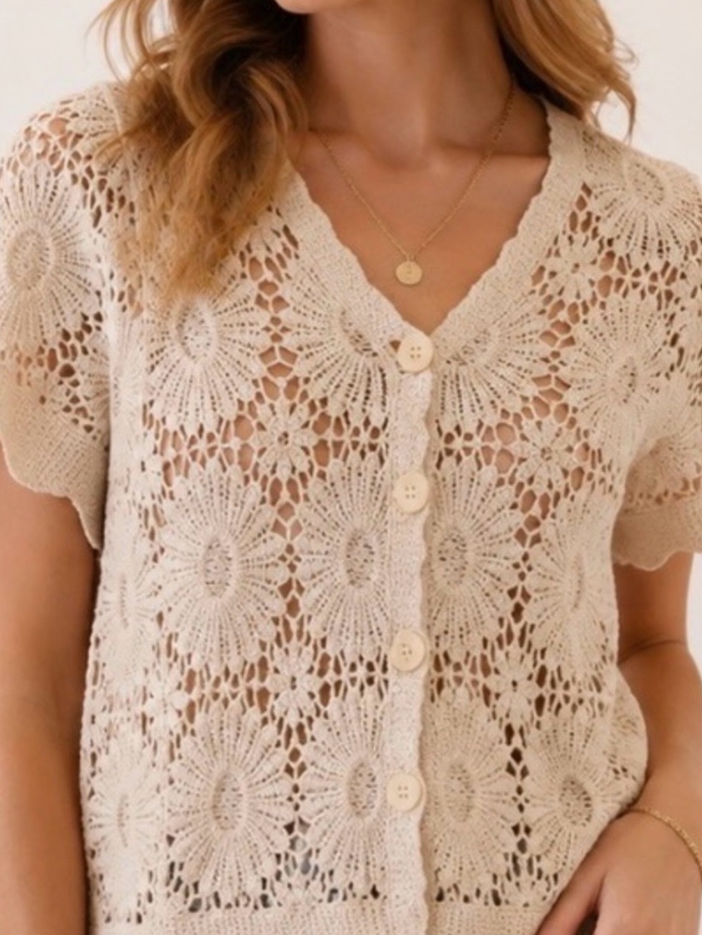Crochet Top Ivory Color Short Sleeves Button Down Top Blouse Women’s Top M